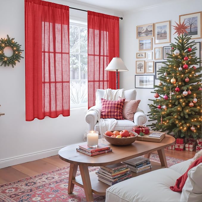 BGment Red Linen Curtains 54 Inch Length for Bedroom Window, Semi Sheer Drapes Lightweight Rustic Textured for Living Room Farmhouse with Rod Pocket, 2 Panels Set, Each 42 Inch Wide