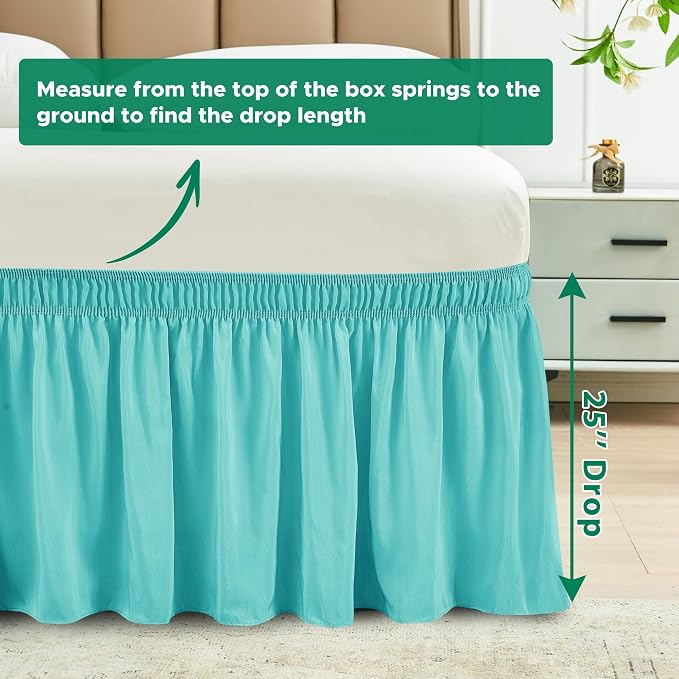 Wrap Around Bed Skirt Dorm Twin & Twin XL 25" Drop-Elastic Long Dust Ruffle | Adjustable Pleated Bedskirt-Easy Fit Wrinkle Resistant-Washable Hotel Quality-College Dorm Apartment Guest Bedroom Aqua