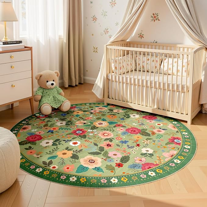 Washable Floral Area Rug for Living Room Round 4ft Light Green | Non-Slip，Vacuum-Friendly, Low Pile, Flower Carpet for Bedroom Kitchen Entryway Dining Room Office Nursery