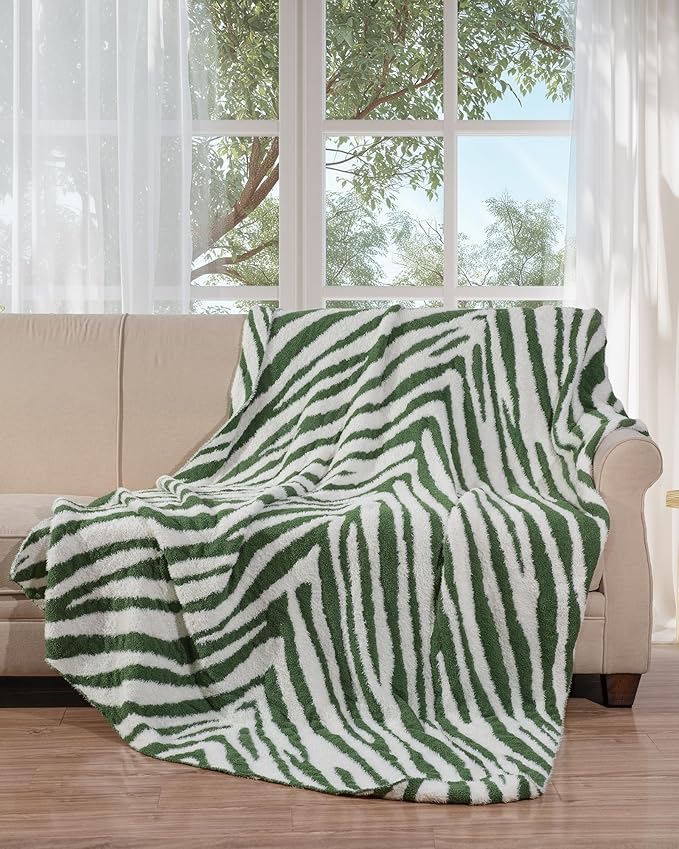 Knit Throw Blanket for Couch, Soft Cozy Fluffy Knitted Blanket for Sofa, Bed, Gift for Women Girls Home Decor (Zebra-Green, Throw 50"x60")