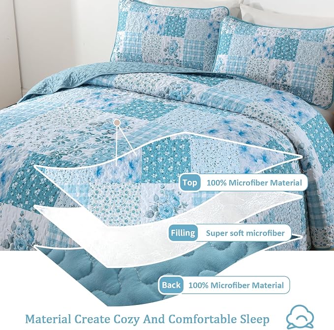 Mybedsoul Blue Patchwork Queen Size Quilt, Reversible Bedding Set | Soft Lightweight Microfiber Floral Coverlet Set, 3 Pieces Plaid Bedspread, Bed Sets for All Seasons 96"x90"