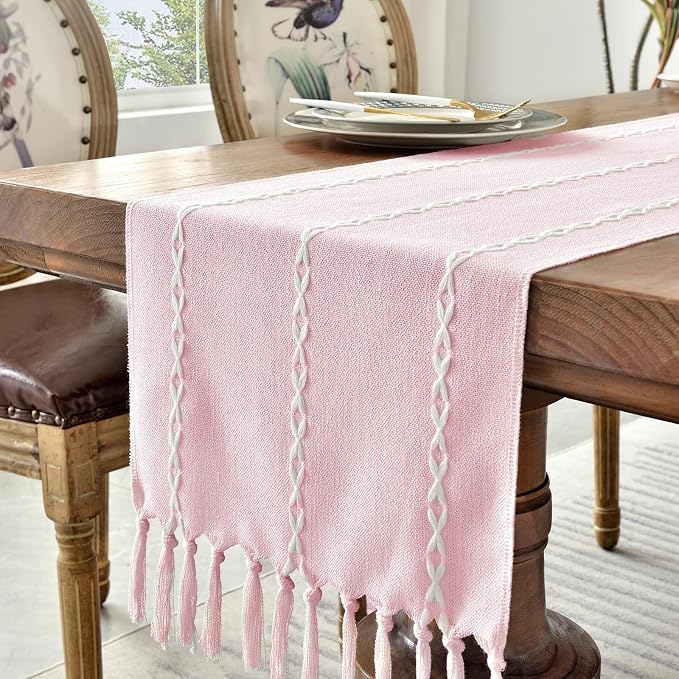 Wracra Rustic Linen Table Runner, Pink Table Runners 90 inches Long | Raised Embroidered Design and Hand-Tassels;Cotton Linen Woven Fabric; Farmhouse Table Runner;Home Kitchen Dining Decor