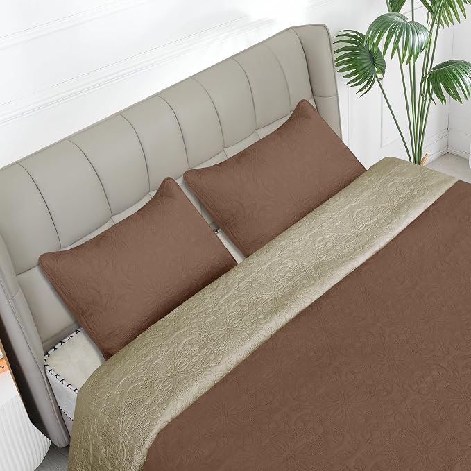 Easy-Going Reversible Quilt Set Twin, Bedspread with 1 Shams | Damask-Brown/Beige, Lightweight Microfiber Bed Comforter, 1 Quilt + 1 Pillow Shams, All-Season Coverlets for Bedroom