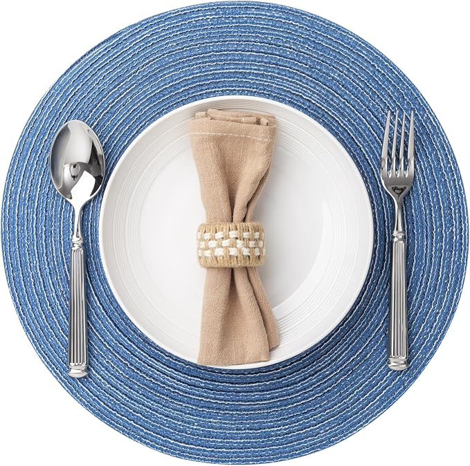 BARoyal Round Placemats Set of 8 Woven Placemats Washable Braided Table Mats for Dining Table Heat Resistant Non-Slip Circle Place Mats(Mid Blue)