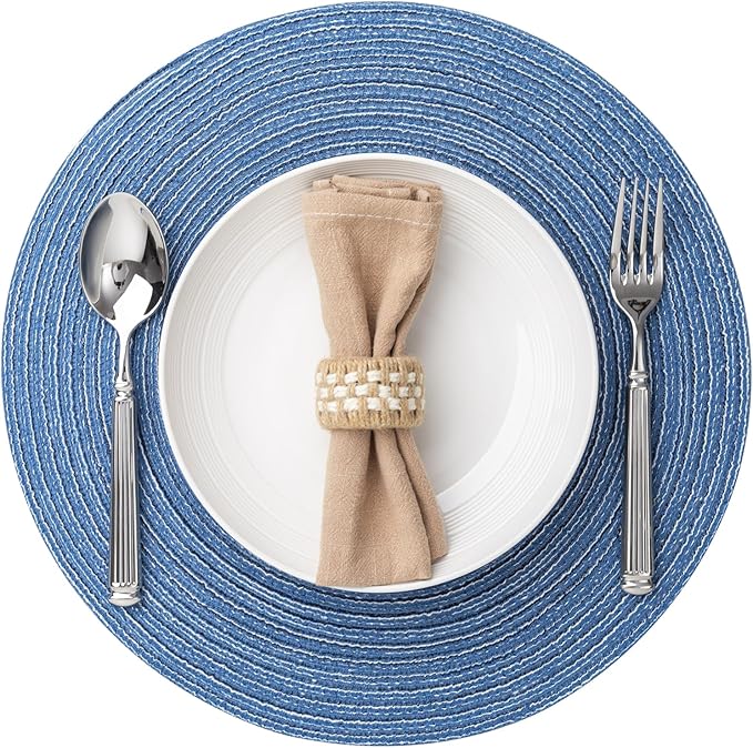 BARoyal Round Placemats Set of 6 Woven Placemats Washable Braided Table Mats for Dining Table Heat Resistant Non-Slip Circle Place Mats(Mid Blue)