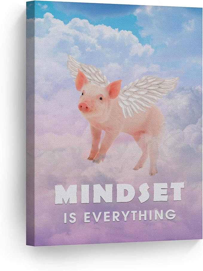 Smile Art Design Mindset is Everything Cute Pig with Wings Flying in Sky Motivational Canvas Wall Art Inspirational Wall Art Entrepreneur Quote Print Office Living Room Decor Gift Ready to Hang 40x30