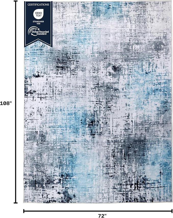 Machine Washable Area Rug, Soft & Durable, Non-Slip, Stain Resistant Rug for Bedroom, Living Room, Dining Room, High Traffic Areas, Eco- Friendly GRS Certified. (Blue, 6' X 9')