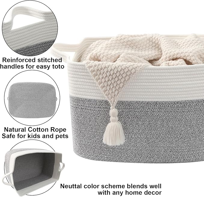 65L Laundry Basket with Handles, Woven Blanket Basket, White/Grey | 21"×16"×12" Collapsible Cotton Rope Storage Basket for Toys Clothes & Pillows, Nursery, Bathroom, Bedroom, Living Room