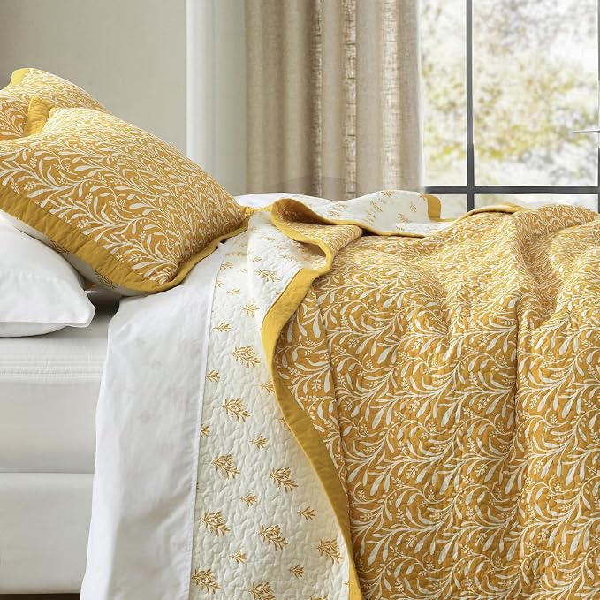 SahSahCasa Quilt Set Queen Size, 100% Cotton Quilt Bedding Set Bedspread, Botanical Pattern Solid Color Chic Lightweight Quilted Comforter for Queen Bed, Mustard Yellow, All Season, 3 Pieces