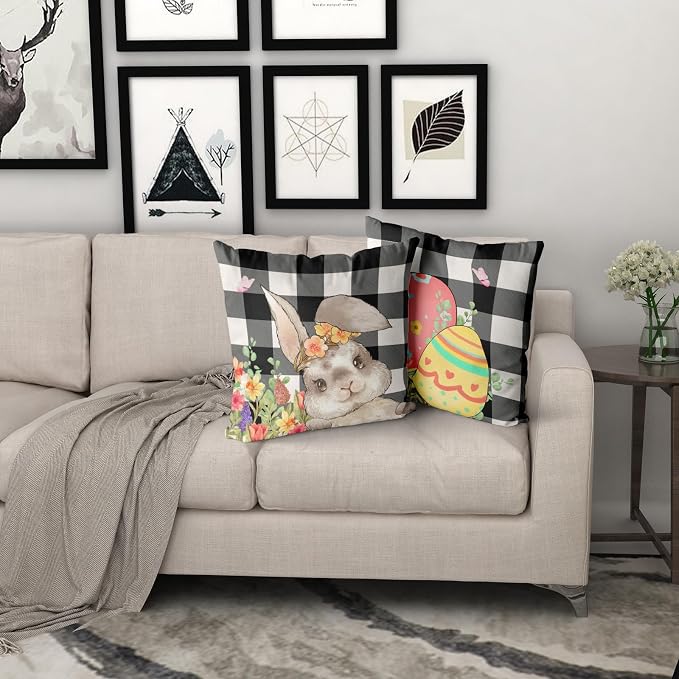 Giwawa Easter Pillow Covers 16x16 Inch, Easter Bunny Eggs Throw Pillowcases with Black White Buffalo Plaids, Cute Rabbit Spring Flower Cotton Cushion Cover for Sofa Couch Bedding Decor, Set of 2