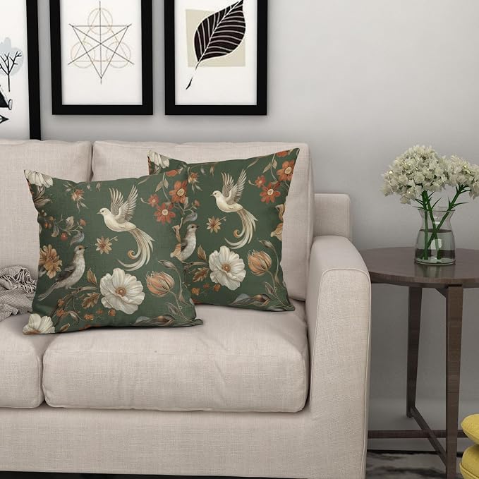 Kawani Vintage Floral Pillow Covers 18x18 Inch Set of 2 Green Chinoiserie Flower and Bird Outdoor Decorative Throw Pillows Retro Rustic Pillowcases Farmhouse Cushion Covers for Couch Home Decor