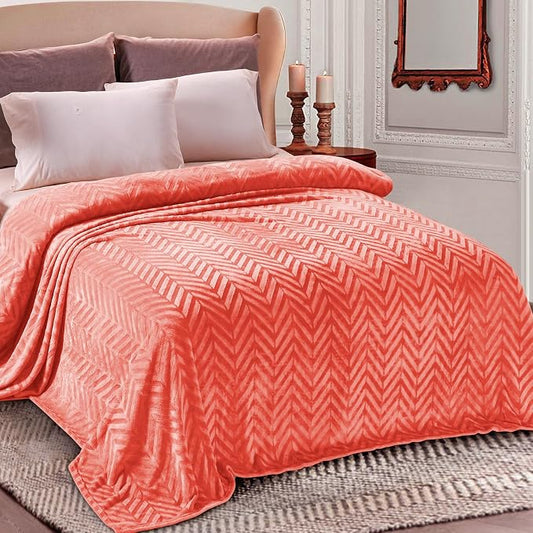 Whale Flotilla Flannel Fleece Bed Blanket Queen Size, Coral | Lightweight Breathable Soft Bedspread, Plush Fluffy Coverlet Chevron Design Decorative Blanket for All Season, 90x90 Inch