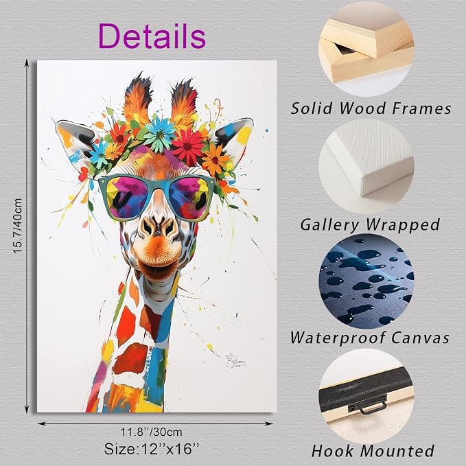 Ypxzzj Cute Giraffe with Glasses Canvas Wall Art,Colorful Giraffe Decor Wall Art Pictures Painting Poster Artwork for Children's room Bedroom Living room Decor Framed Ready to Hang
