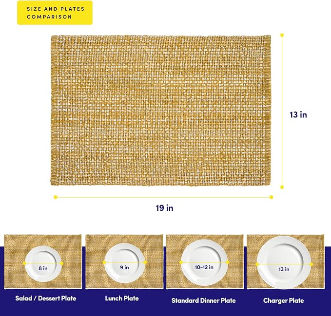 Sweet Home Collection 100% Cotton Placemats for Dining Room Rectangle Two Tone Woven Fabric 13" x 19" Soft Durable Table Mat Set, Set of 6, Gold