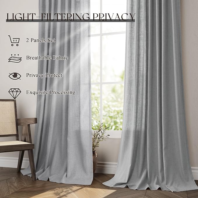 Jowels Grey Linen Curtains 84 Inch Long 2 Panels for Living Room | Gray Light Filtering Sheer Curtain, Back Tab Pocket Pleated Look, Boho Farmhouse Textured Privacy Drapes for Bedroom Window