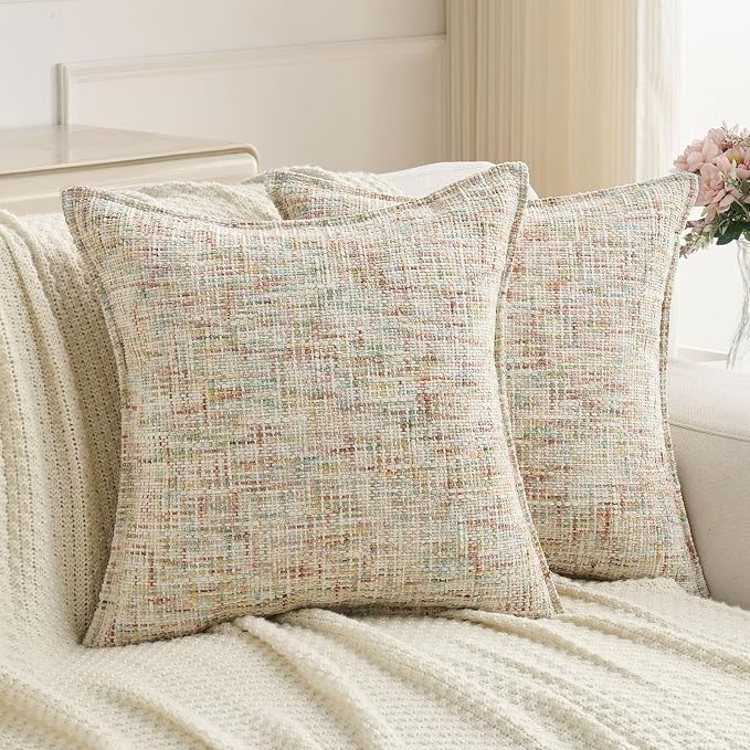 FUTEI Pack of 2 Chenille Tweed Vintage Throw Pillow Covers 26x26 Inch Soft Decorative Euro Pillow Shams Modern Farmhouse Accent for Couch Bed Living Room, Colorful
