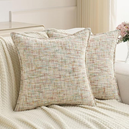 FUTEI Pack of 2 Chenille Tweed Vintage Throw Pillow Covers 24x24 Inch Soft Decorative Euro Pillow Shams Modern Farmhouse Accent for Couch Bed Living Room, Colorful