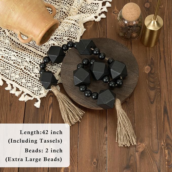 2" Octagonal Extra Large Wood Bead Garland with Tassels, 42" Long Rustic Farmhouse Wooden Beads Garland with Tassels, Decorative Beads Boho Decorations for Home Table Mantle Black