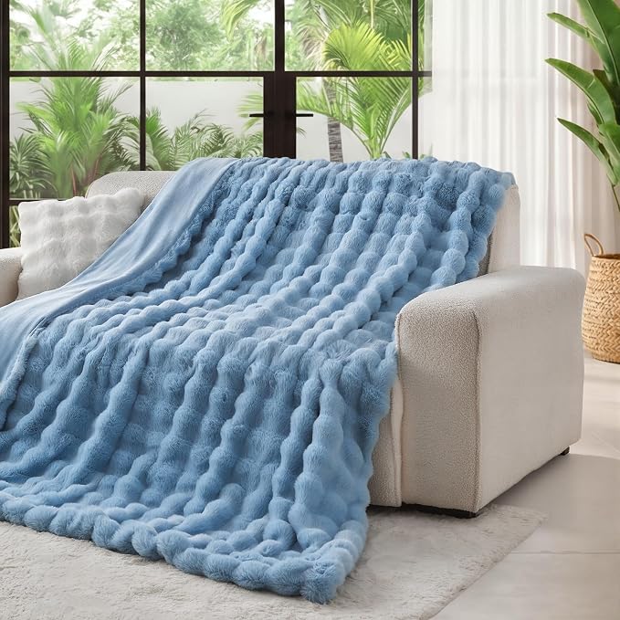 Lotus Karen Faux Fur Throw Blanket Sky Blue - Big Bubble Rabbit Fluff Blanket for Couch Bed Sofa,Softest Fluffy Fuzzy Cozy Blanket,Thick Furry Plush Shaggy Warm Blankets for Women,90x90 Inches
