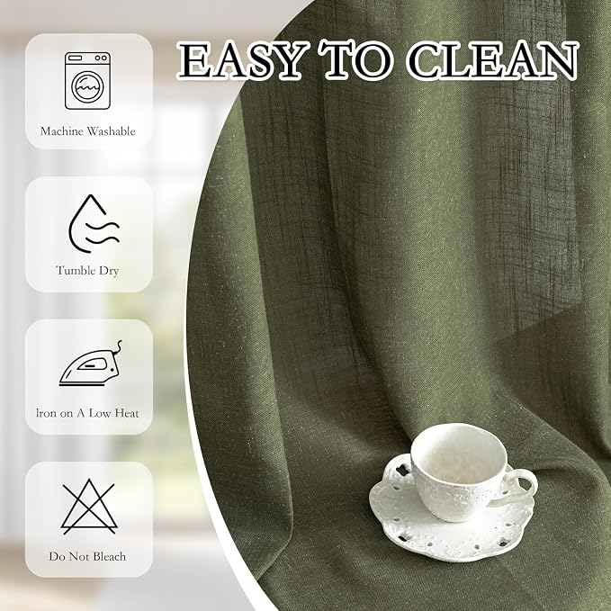 MYSKY HOME 96 Inches Semi Sheer Sliding Door Curtains Farmhouse Light Filtering Window Curtain Drapes for Patio Living Room, Extra Long Green Linen Curtains Bohemian, 50x96, Olive Green, 2 Panels