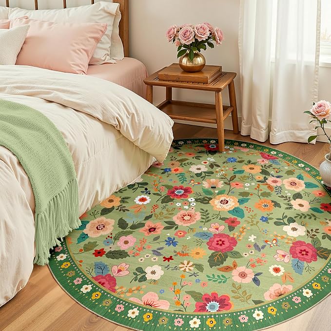 Washable Floral Area Rug for Living Room Round 4ft Light Green | Non-Slip，Vacuum-Friendly, Low Pile, Flower Carpet for Bedroom Kitchen Entryway Dining Room Office Nursery