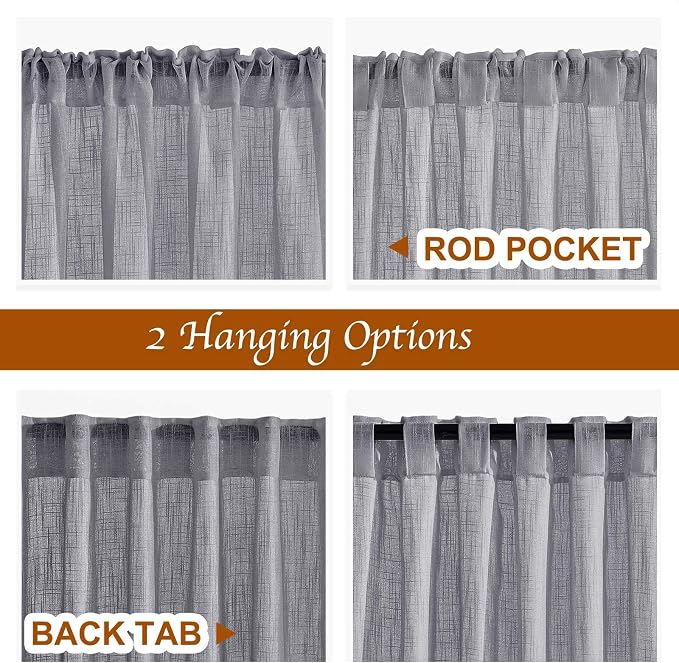 NICETOWN Bathroom Window Curtains 45 inch Length, Natural Linen Textured Rod Pocket & Back Tab Semi Sheer Short Curtains Privacy with Light Through for Bedroom/Living Room, 52" Wide, Grey