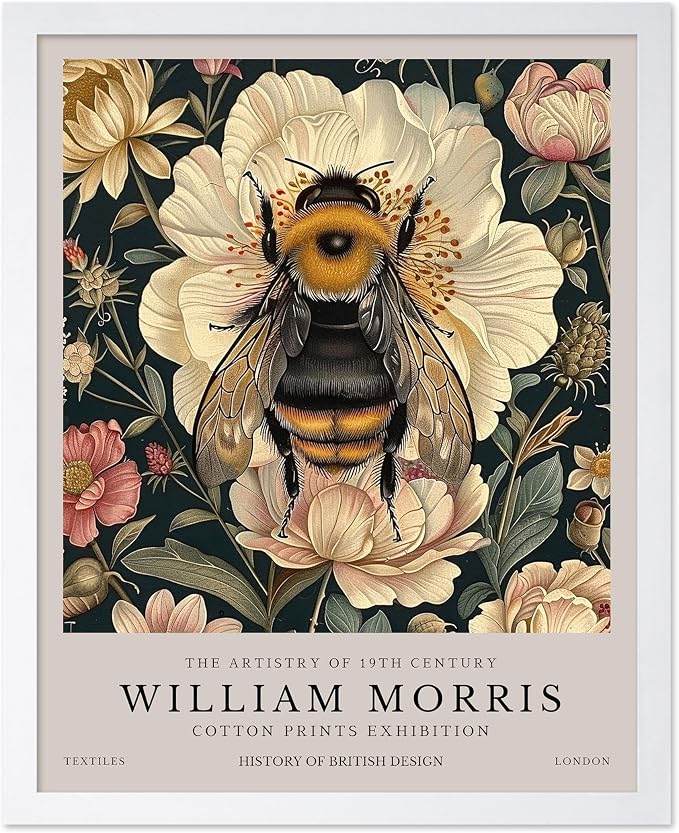Poster Master William Morris Poster - Bumble Bee Print - Flower Art - Botanical Art - Exhibition Illustration - Animal Illustration - Floral Painting - Bee Artwork - Aesthetic Office or Bedroom Decor - 8x10 White Framed
