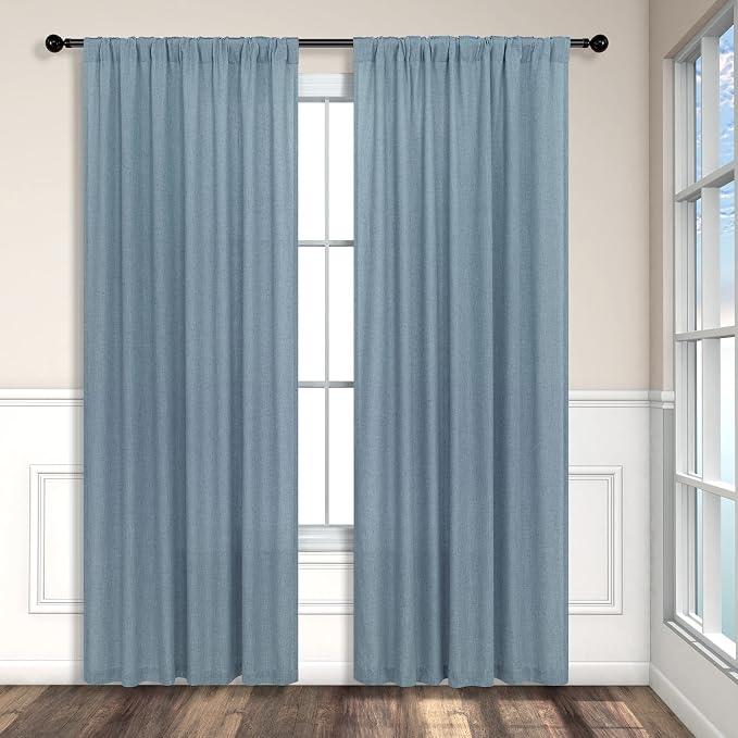 Blue Linen Curtains 84 Inch Length for Living Room 2 Panels Set Back Tab Rod Pocket Light Filtering Semi Sheer Grey Blue Curtains for Bedroom Country Farmhouse Stone Dusty Blue Gray Drapes 52x84 Long