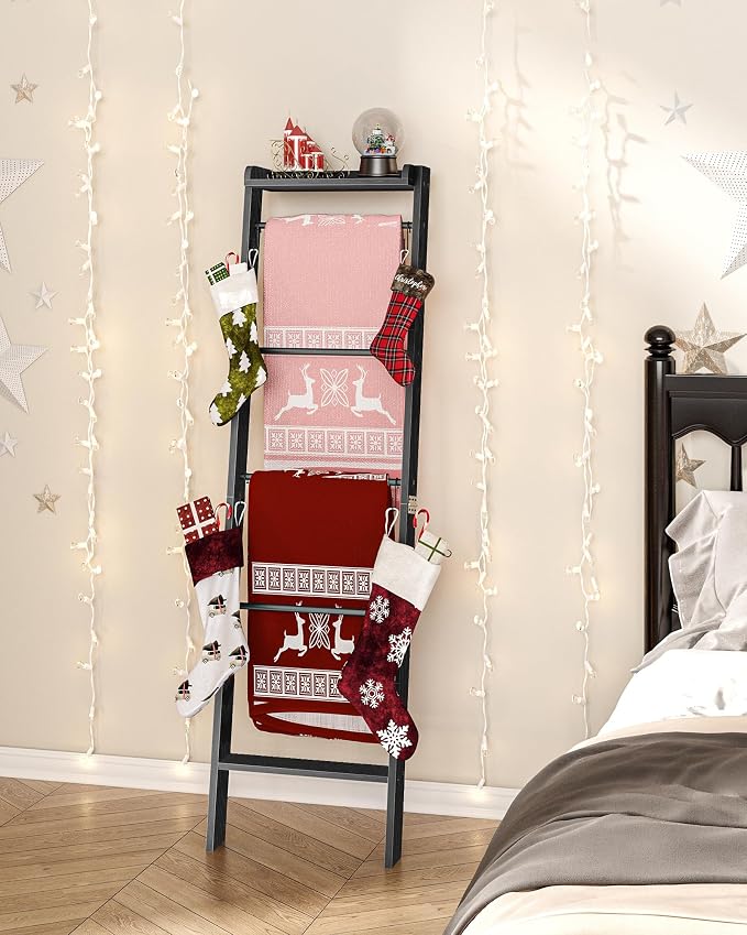 Hzuaneri Blanket Ladder Shelf, Farmhouse Ladder Holder, Blanket Organizer | 6-Tier Decorative Quilt Rack with 4 Removable Hooks 7.9" D x 17.3" W x 63.4" H, Black BR35804B