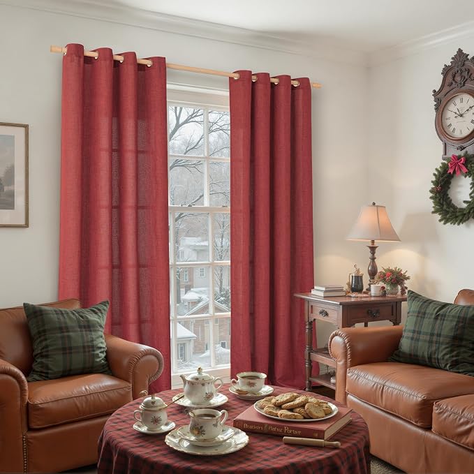 YoungsTex Burgundy Red Linen Curtains 90 Inch Length for Living Room, Light Filtering Drapes with Bronze Grommet Privacy for Dining Bedroom, 52 x 90 Inch, 2 Panels