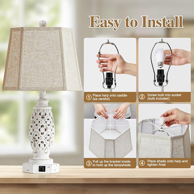 Lamps for Night Stands Set of 2-23.5" Bedside Lamp with USB A+C and Nightlight - Rustic Farmhouse Table Lamp for Bedrooms, End Tables, Living Room - French Country Decor, Bulbs Included, Cream