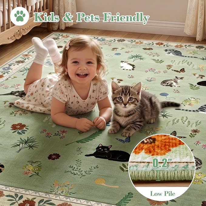AIMPEAK Green 2x3 Washable Door Mat - Non Slip Low Pile Cat Floral Boho Small Area Rug for Entryway, Kitchen, Front Door, Indoor Entrance, Kids Room Throw Rug Carpet, Green Multi