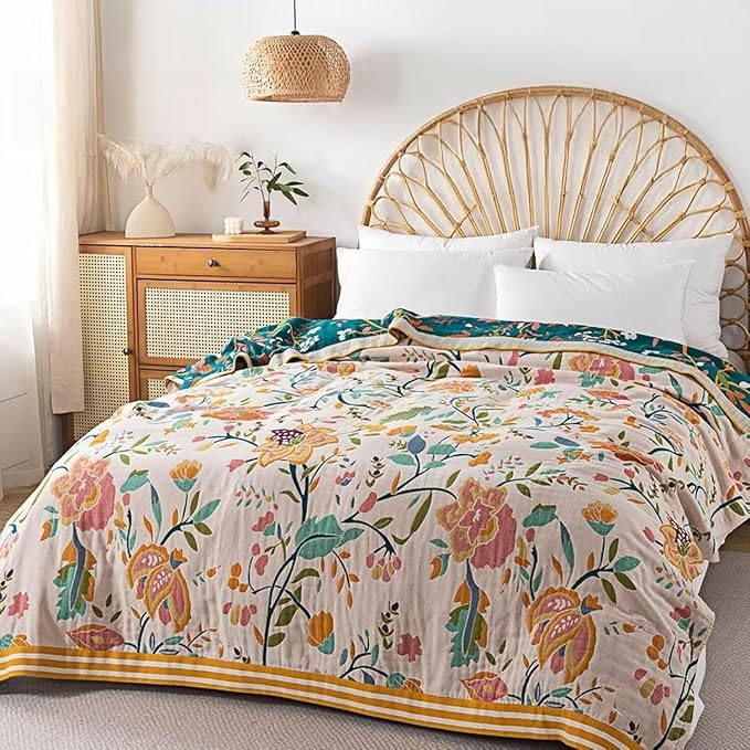 Boho Throw Blanket for Bed 100% Cotton Bohemian Blankets Ultra Soft Woven Muslin Decorative Blankets All Seasons Vintage Quilt Knitted Blanket for Sofa Chair(Yellow, 80"x90")
