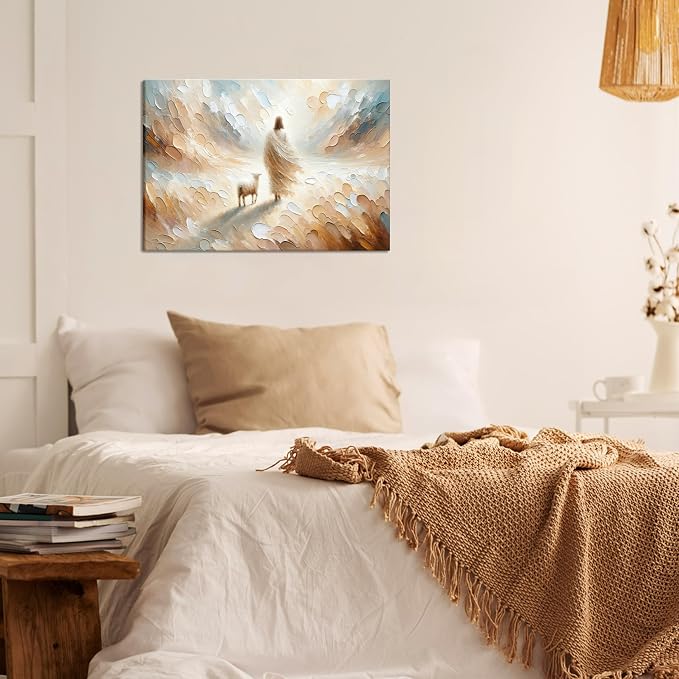 Jesus Leaves the 99 Sheep Canvas Wall Art, Christian Jesus Lamb Wall Decor Painting, The Lost Sheep Bible of Parable Posters Prints for Living & Prayer Room Church Home Decor 16x24 In Framed
