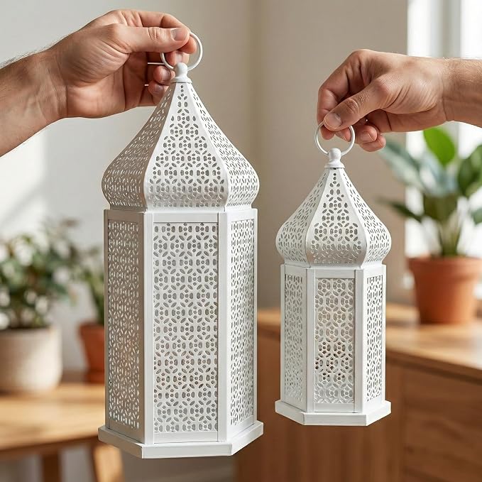 VELA LANTERNS Large Temple Tower Moroccan Lantern Lamp Decorative Candle Holders for Ramadan Decorations, Hanging, Outdoor Patio or Porch, Indoor Home Decor, Weddings, White, Set of 2