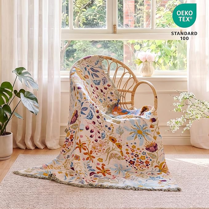MSGKV Boho Throw Blanket 50"x60" 100% Cotton Floral Blanket Couch Decor | Muslin Blanket, Floral Pattern, Chair Throw, Summer Breathable, Lightweight, Farmhouse Decor, Home Decor, Machine Washable