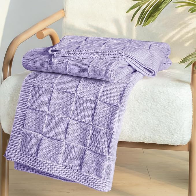 Whale Flotilla Checkered Knit Throw Blanket for Couch, Light Purple | Soft Decorative Knitted Blankets for Couch Sofa Bed, Lightweight Cozy Throws for Spring Summer, 60x80 Inch