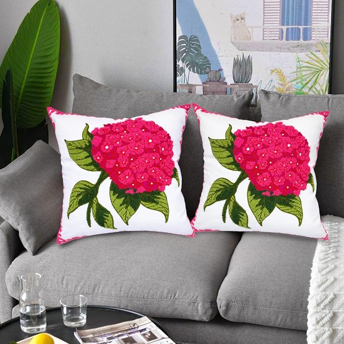 Alysheer Hydrangea Embroidered Decorative Throw Pillow Covers 18"x 18" Set of 2, Summer Floral Tufted Patterned Hot Pink Cotton Cushion Cases for Couch Bed Living Room Decor