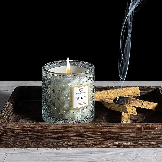 Chloefu LAN Smokey Fireside Scented Candle Gifts for Men Cashmeran Leather Candles for Home Scented, 55 Hours Long Burning, 8.1 Ounce Premium Soy Wax