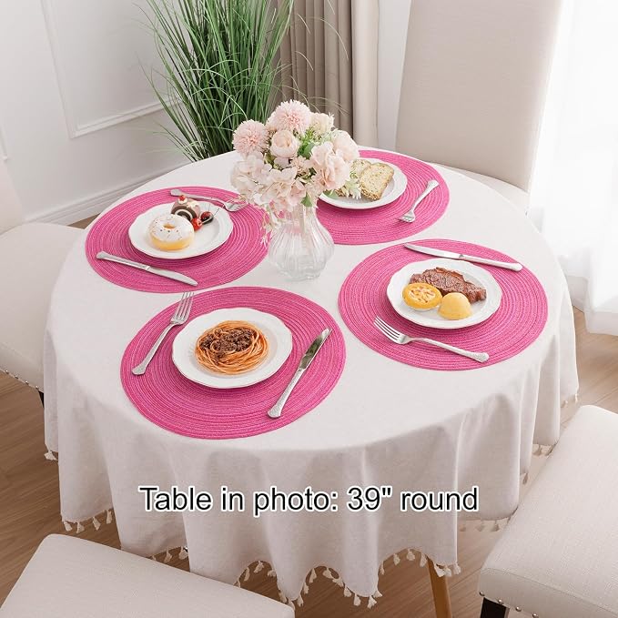 SHACOS Round Placemats Set of 8 Braided Cotton Polyester Table Placemat 15 inch Circle Place Mats for Kitchen Dining Table Holiday Party (Hot Pink, 8)