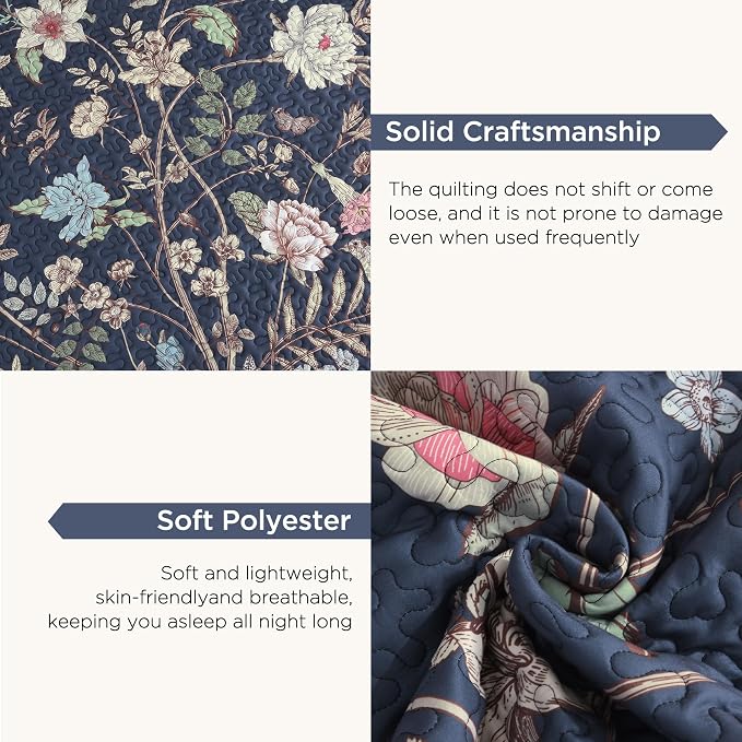 Litanika Floral Ocean Blue Quilt King - 3Pcs Botanical Birds Bedding Set | Bedspread Summer Lightweight Soft Coverlet with Pink Flower for All Seasons(106"x96")