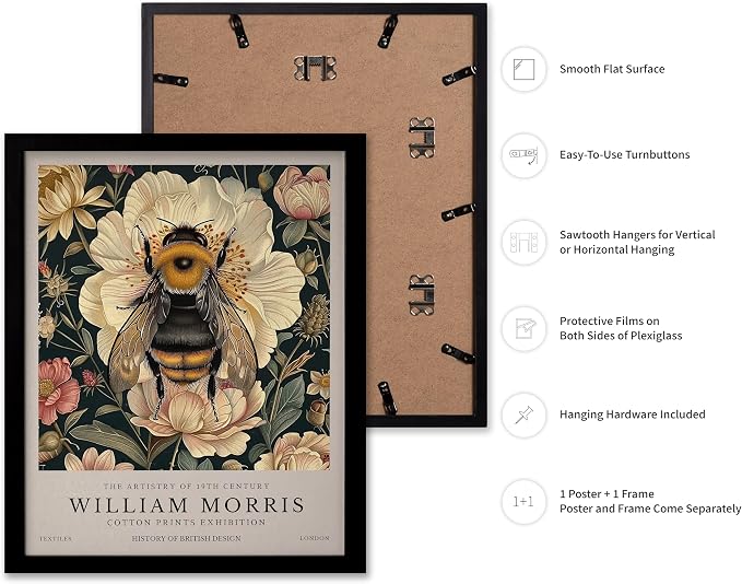 Poster Master William Morris Poster - Bumble Bee Print - Flower Art - Botanical Art - Exhibition Illustration - Animal Illustration - Floral Painting - Bee Artwork - Aesthetic Office or Bedroom Decor - 11x14 Black Framed