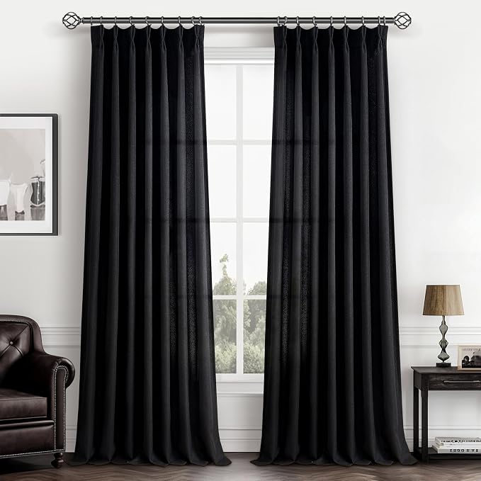 Modern Pinch Pleated Black Curtains for Bedroom 2 Panels Set, Light Filtering Linen Blend Sheer Patio Door Floor to Ceiling Long Curtain Privacy 100-102 Inch Big Drapes with Hooks Rings 40"W x 102"L