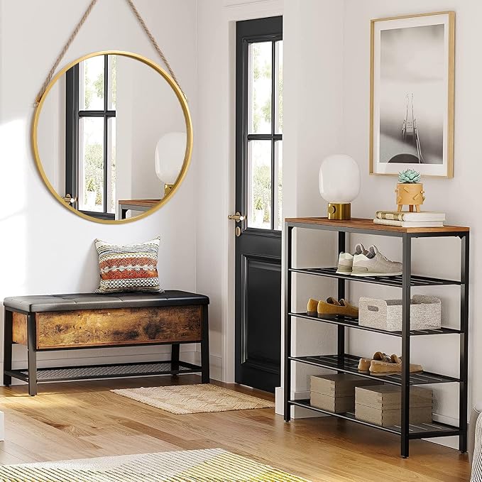 Hanging Circle Mirror Farmhouse Gold Round Hanging Wall Mirror Artistic with Rope for Bathroom Bedroom Vanity Living Room Entryway 28"