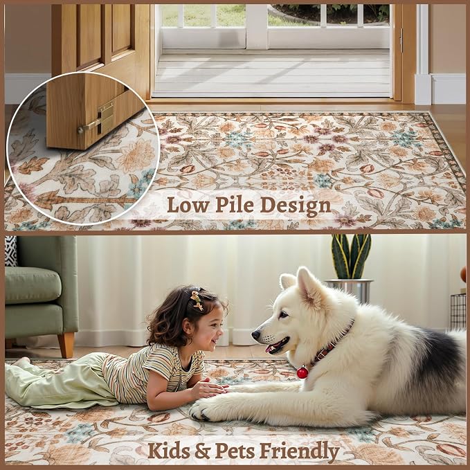 Ciicool 2x6 Runner Rug Non Slip，Floral Washable Kitchen Rugs for Hallways | Entryway Rug for Laundry Bedroom Bathroom Bedside,Boho Soft Low Pile Carpet Indoor Floor Mat Decor