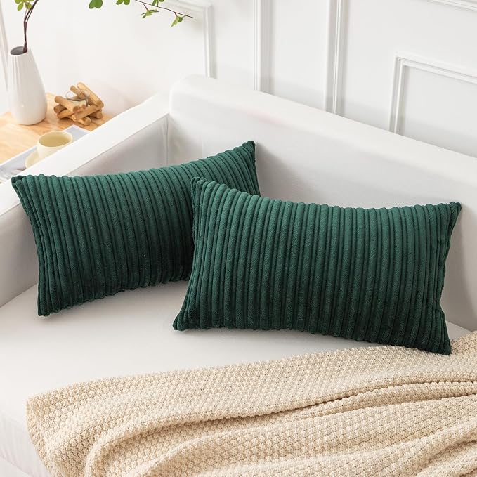 Kevin Textile Striped Corduroy 12”x20” Pillow Covers 2 Pack, Dark Green