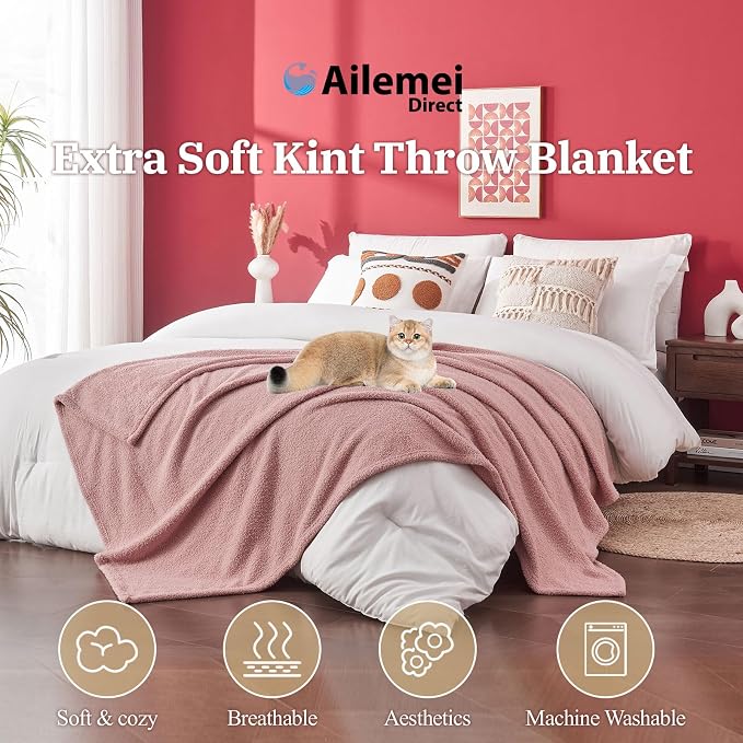 Ailemei Direct Knit Throw Blanket for Bed, Soft Thin Blankets for Sofa, Couch, Camping, Office Chair, Cozy Touch Lightweight Breathable Blanket All Season Use, Dusty Rose 50"×70"