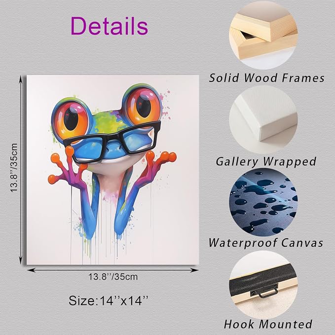 Ypxzzj Colorful Frog Canvas Wall Art for Bedroom Nursery Kids Room Living Room, Cute Animal Frog with Glasses Paintings Pictures for Home Decor, Modern Artworks Framed Ready to Hang