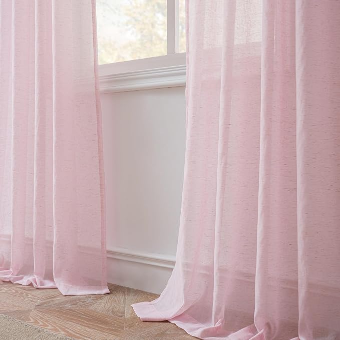 FMFUNCTEX Pink Linen Sheer Curtains, 96 Inches, 2 Panels for Bedroom | Semi Sheer Drapes, Flax Linen, Rod Pocket, Light Filtering, Farmhouse French, Kitchen, Privacy, Girls, for Living Room