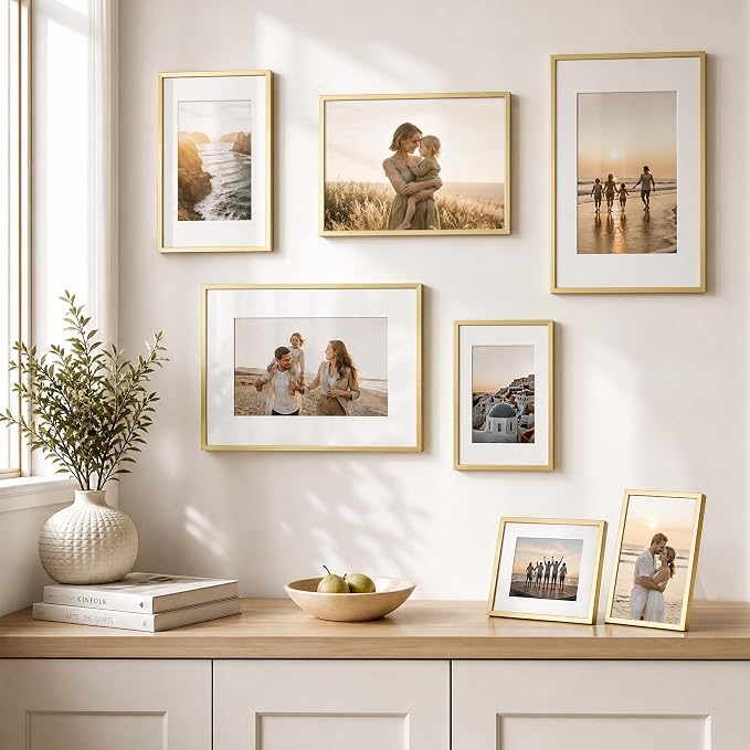 12x16 Picture Frame Gold, Aluminum Metal 12 x 16 Frame with Removable Mat, 12 by 16 Gold Photo Frame Matted to 9x12 Photo, Real Tempered Glass for Home and Office Gallery Wall, 1 Pack